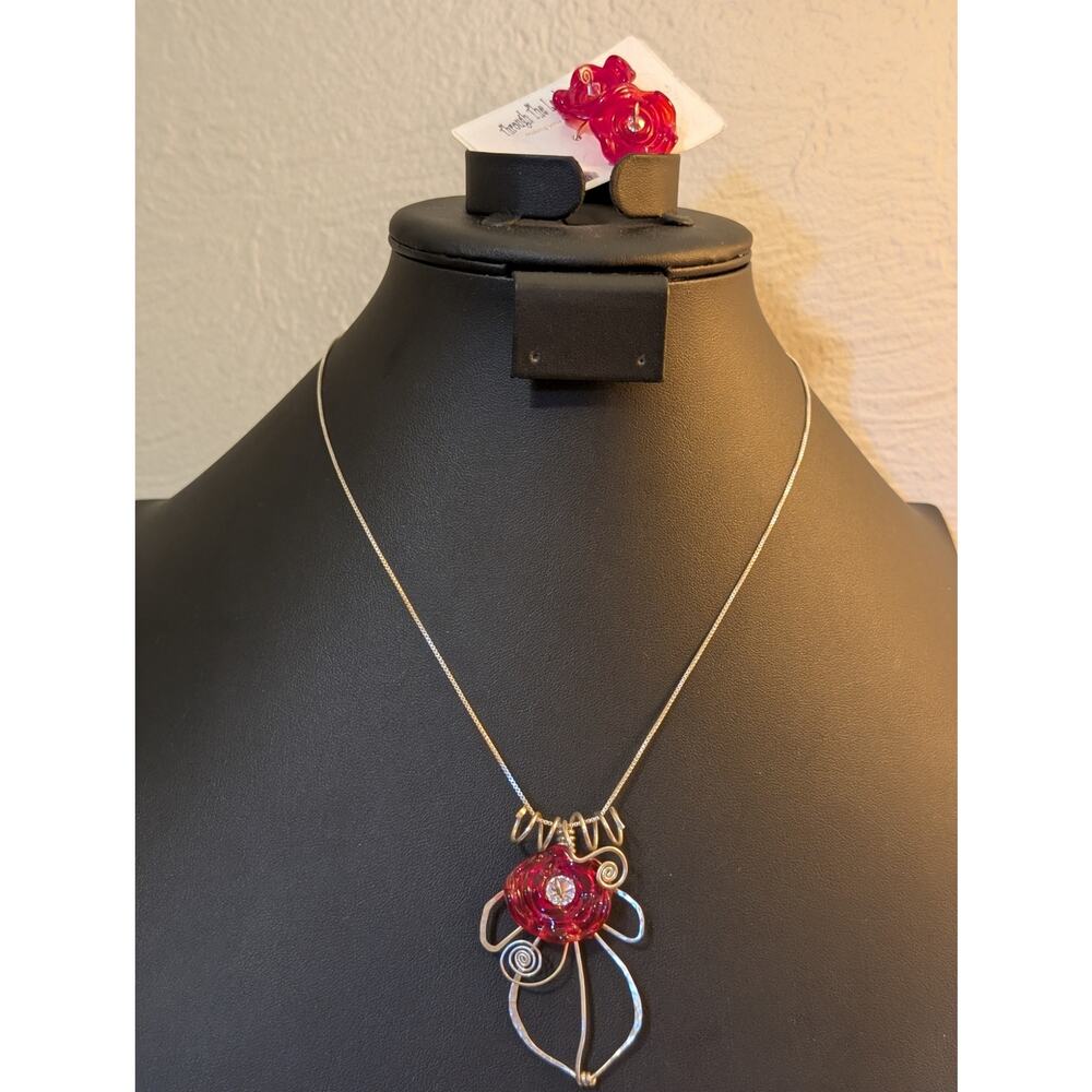 Red Glass Floral Crystal Sterling Necklace & Earring Set